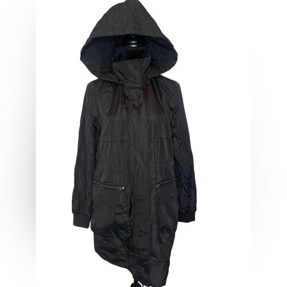 ZELLA BLACK QUILTED HOODED RAIN JACKET/COAT W ZIPPERS PO KETS AND BUTTONS SIZE S - Picture 4 of 9